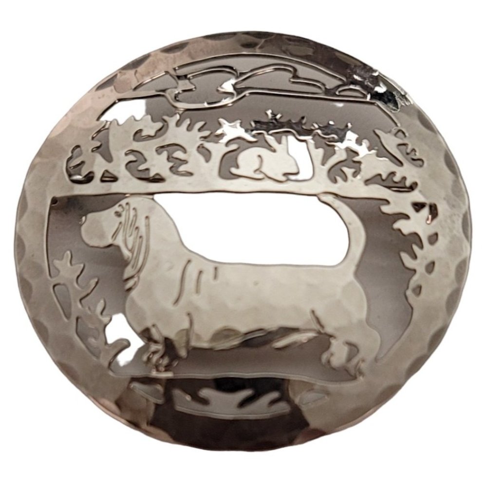 Signed TJI Silver Tone Laser Cut Open Round Weiner Dog Pin E270